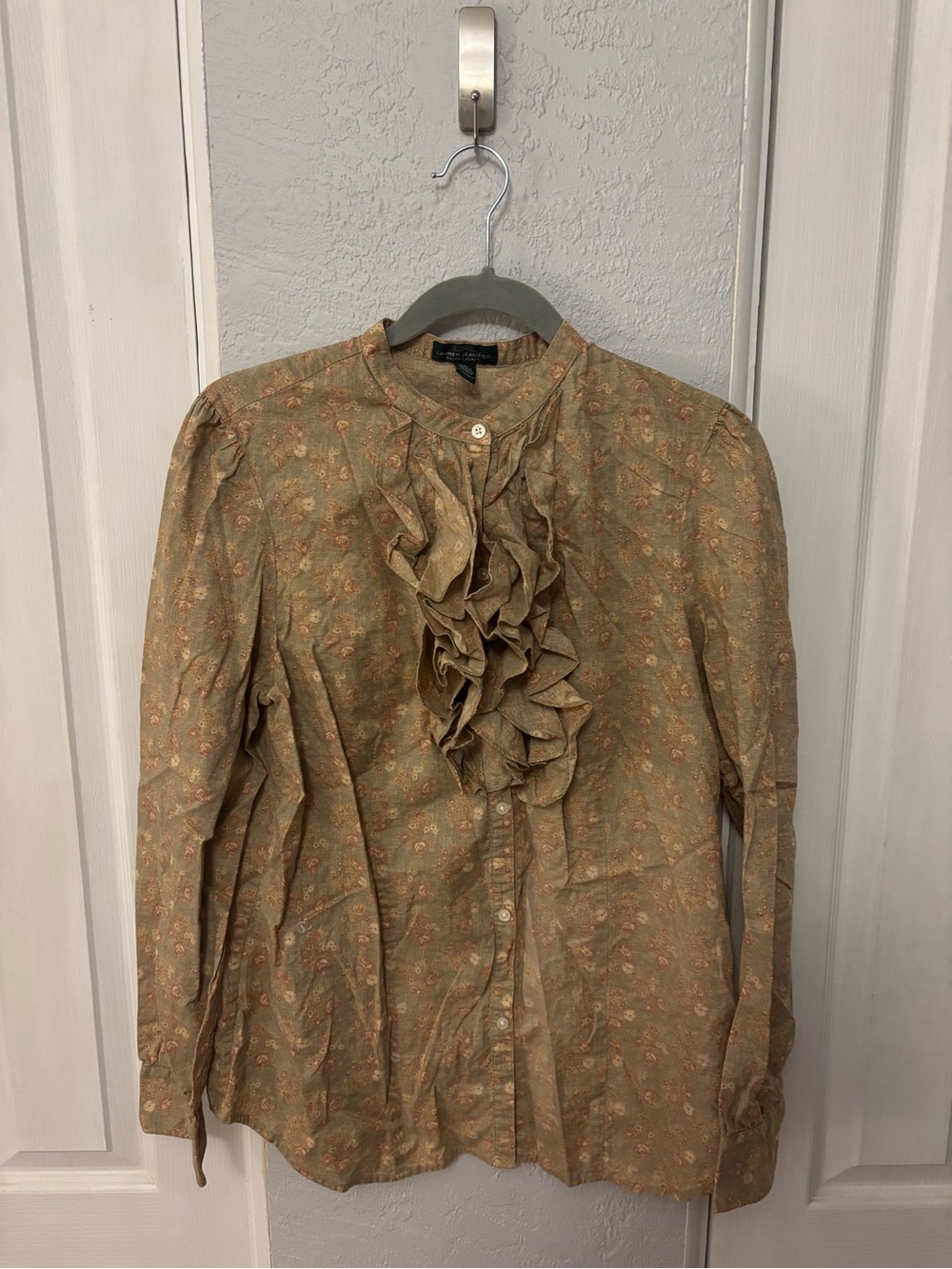 Ralph Lauren Jeans Co Jabot Ruffled Floral Buttondown Blouse Puff Sleeves Large